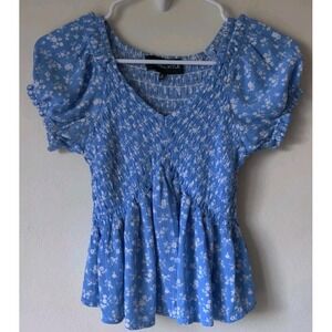 KENDALL & KYLIE Womens Juniors Cropped Floral Blue Blouse Size Small Puff Sleeve